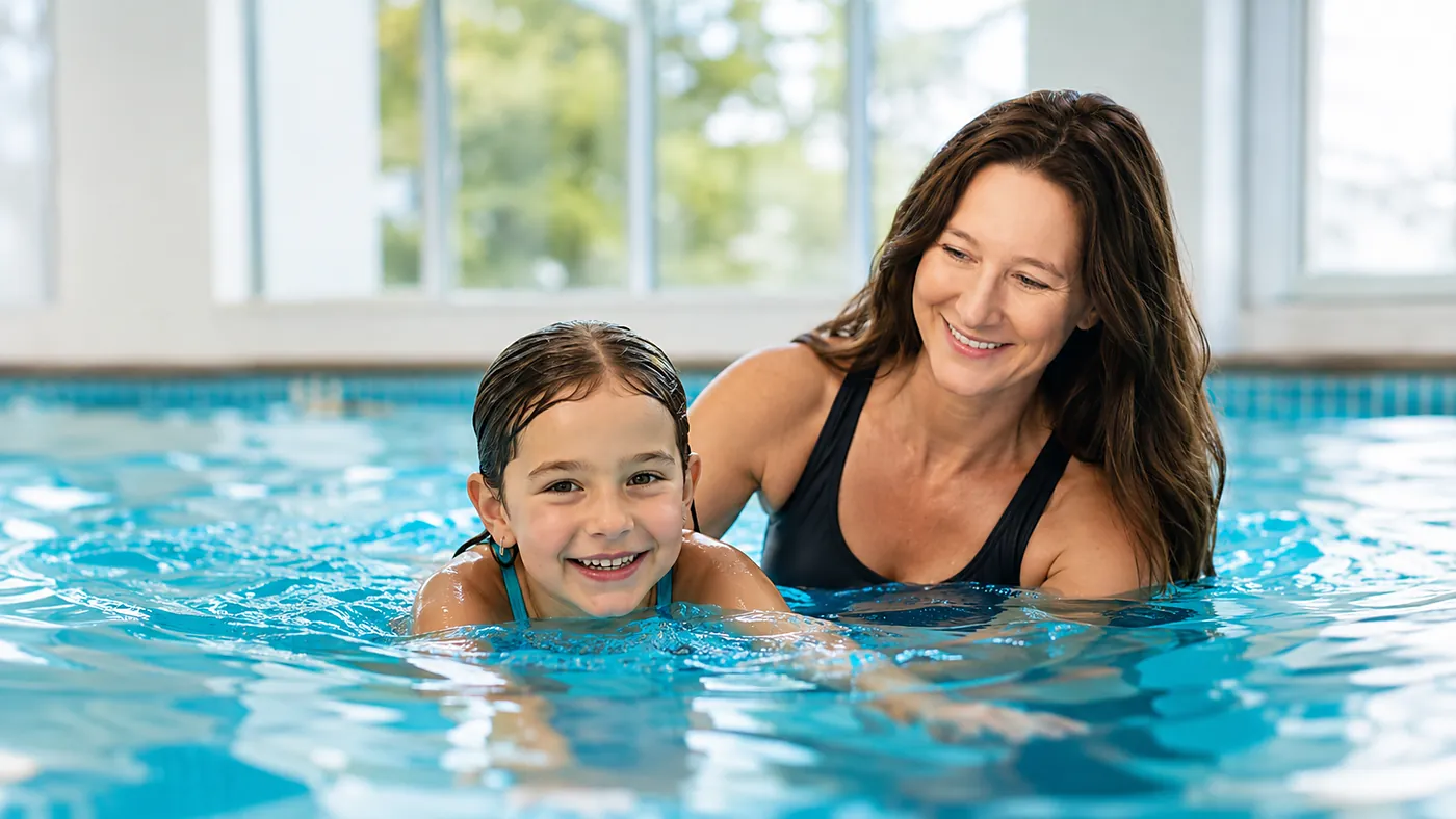 Trainerin übt lächelnd mit einem Kind im Wasser